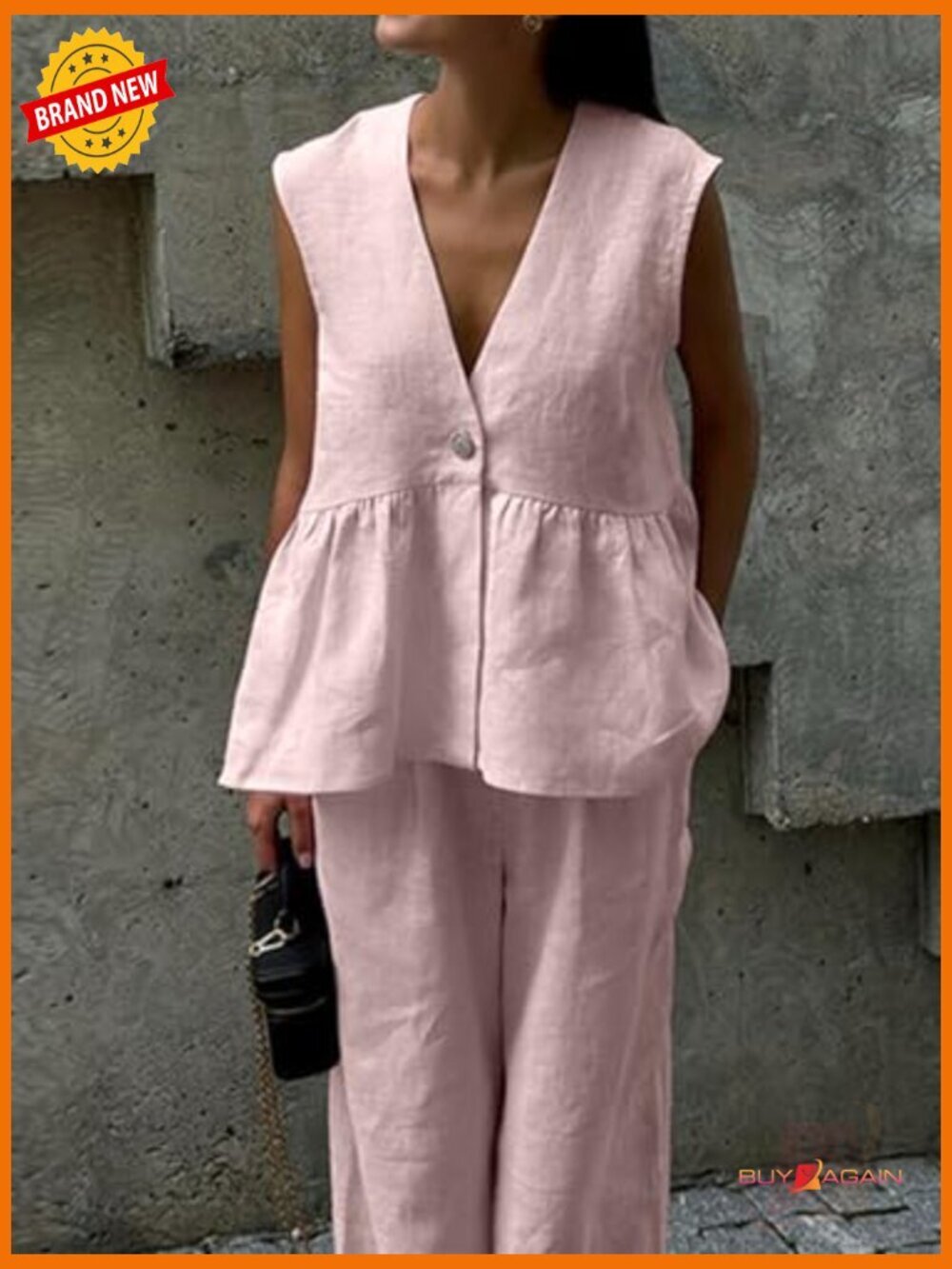 Sleeveless V Neck Peplum Top Wide Leg Pant Set 2 Piece Lounge Outfit - Picture 3 of 7